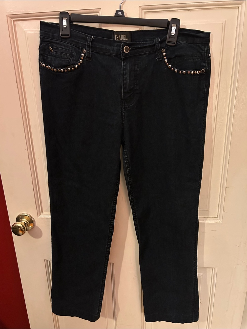 Women's Straight-Leg Black Jeans with Studded Pockets